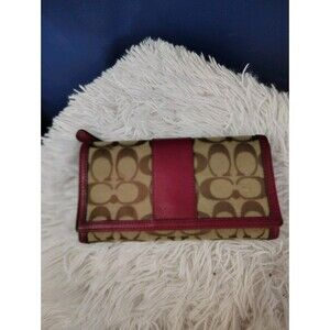 Coach Signature Stripe KHAKI BERRY RED Wallet Trifold